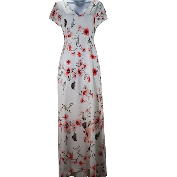 Women V-Neck Floral Print Short Sleeve Long Dress - Picture 1 of 4